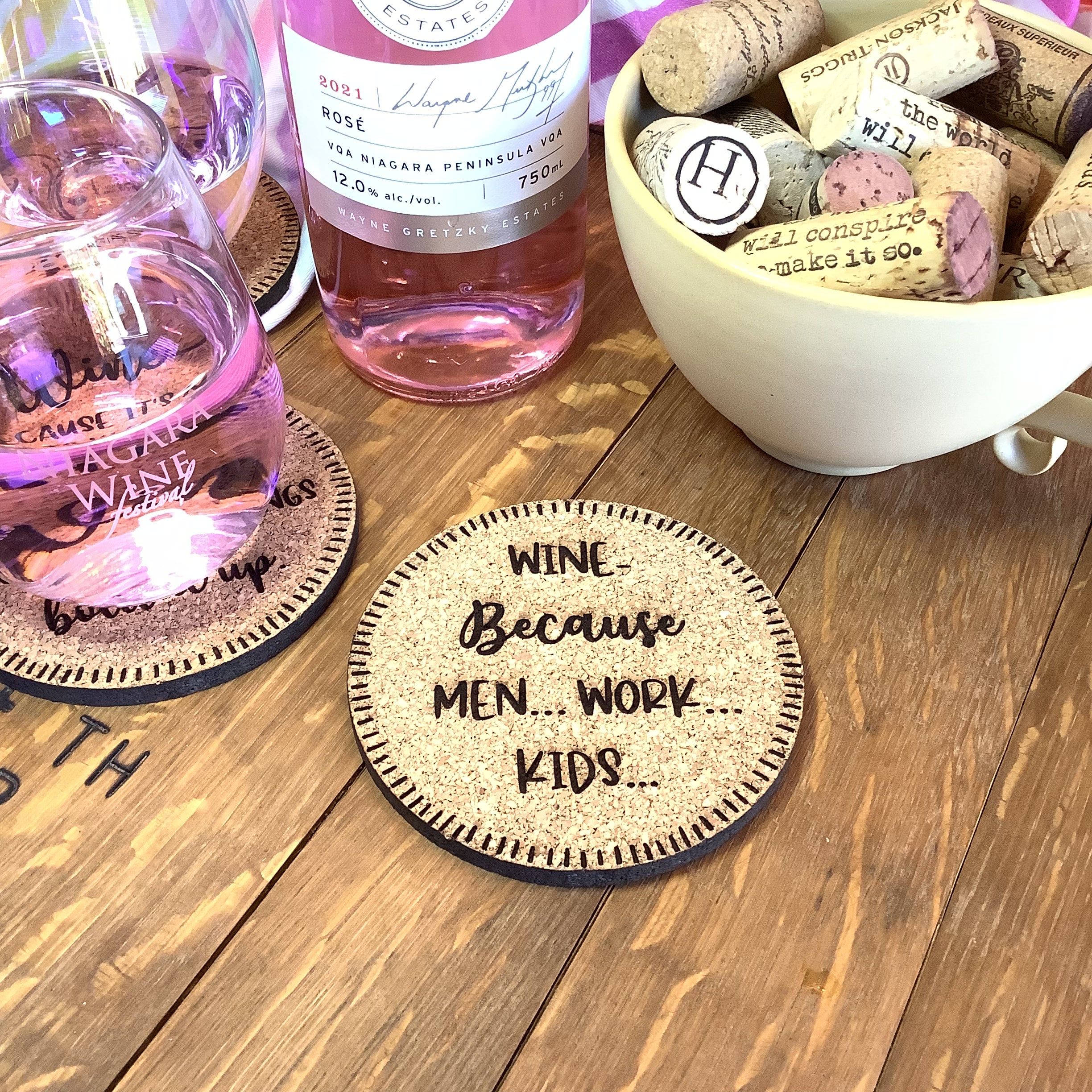 Wine themed Cork Coasters, Gifts for Wine Lovers, Wine Coasters, Grape and Wine