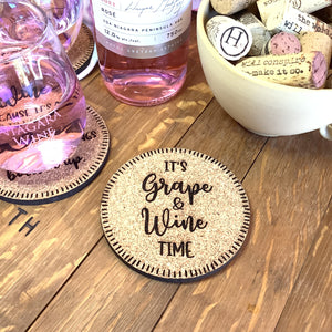 Wine themed Cork Coasters, Gifts for Wine Lovers, Wine Coasters, Grape and Wine