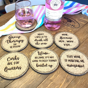 Wine themed Cork Coasters, Gifts for Wine Lovers, Wine Coasters, Grape and Wine