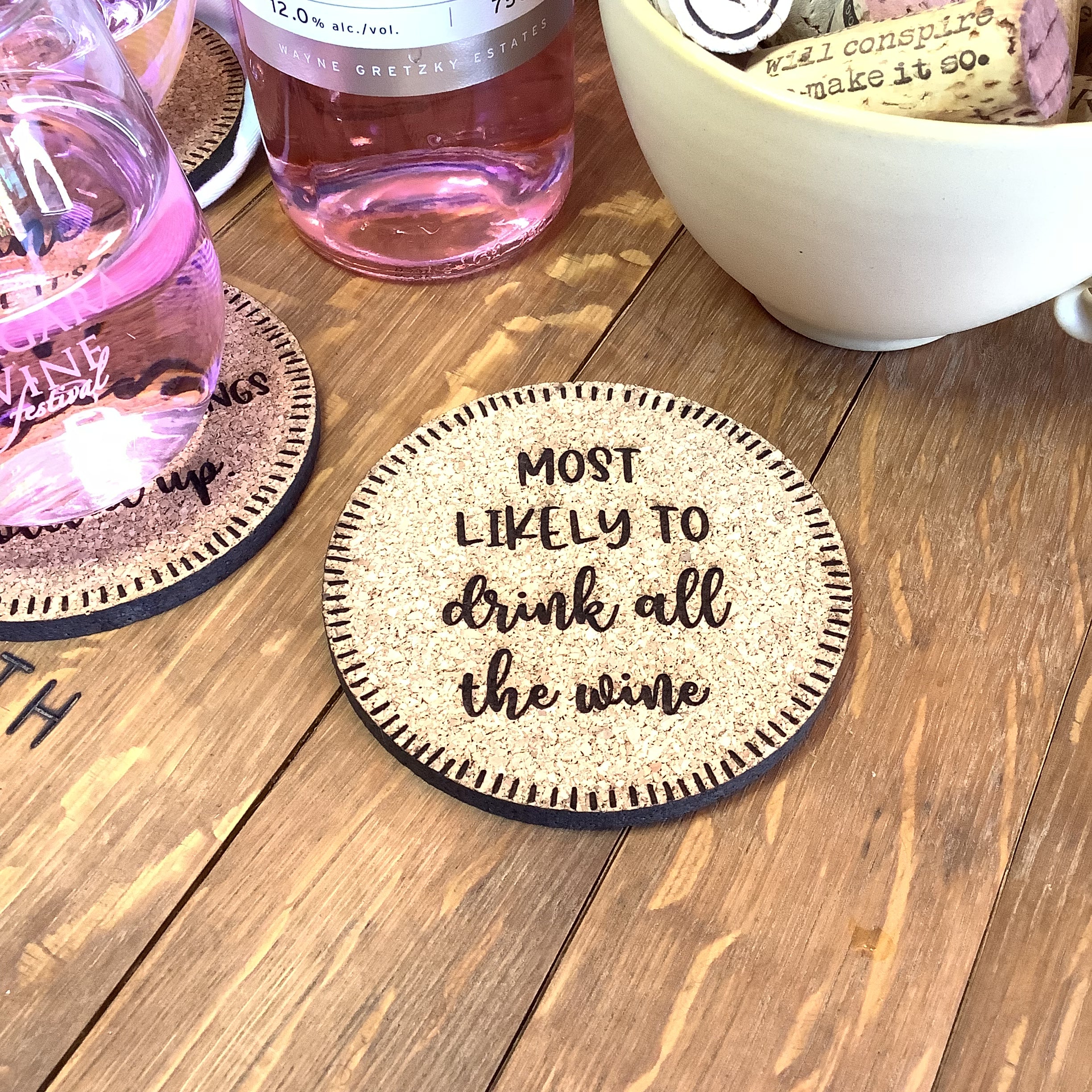 Wine themed Cork Coasters, Gifts for Wine Lovers, Wine Coasters, Grape and Wine