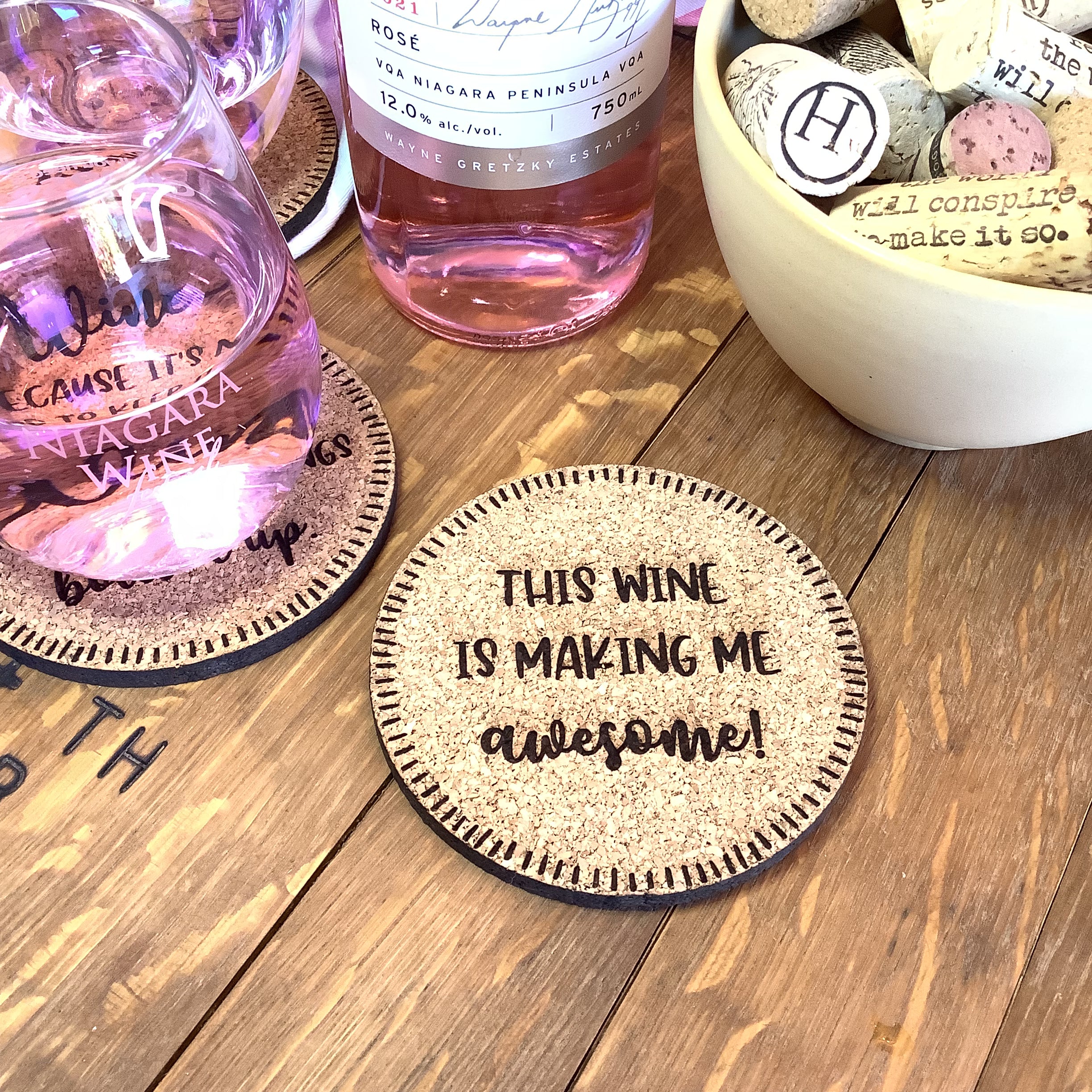 Wine themed Cork Coasters, Gifts for Wine Lovers, Wine Coasters, Grape and Wine