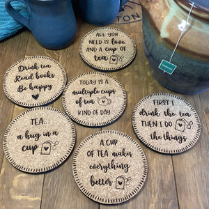 Tea themed Cork Coasters, Gifts for Tea Lovers, Tea Coasters