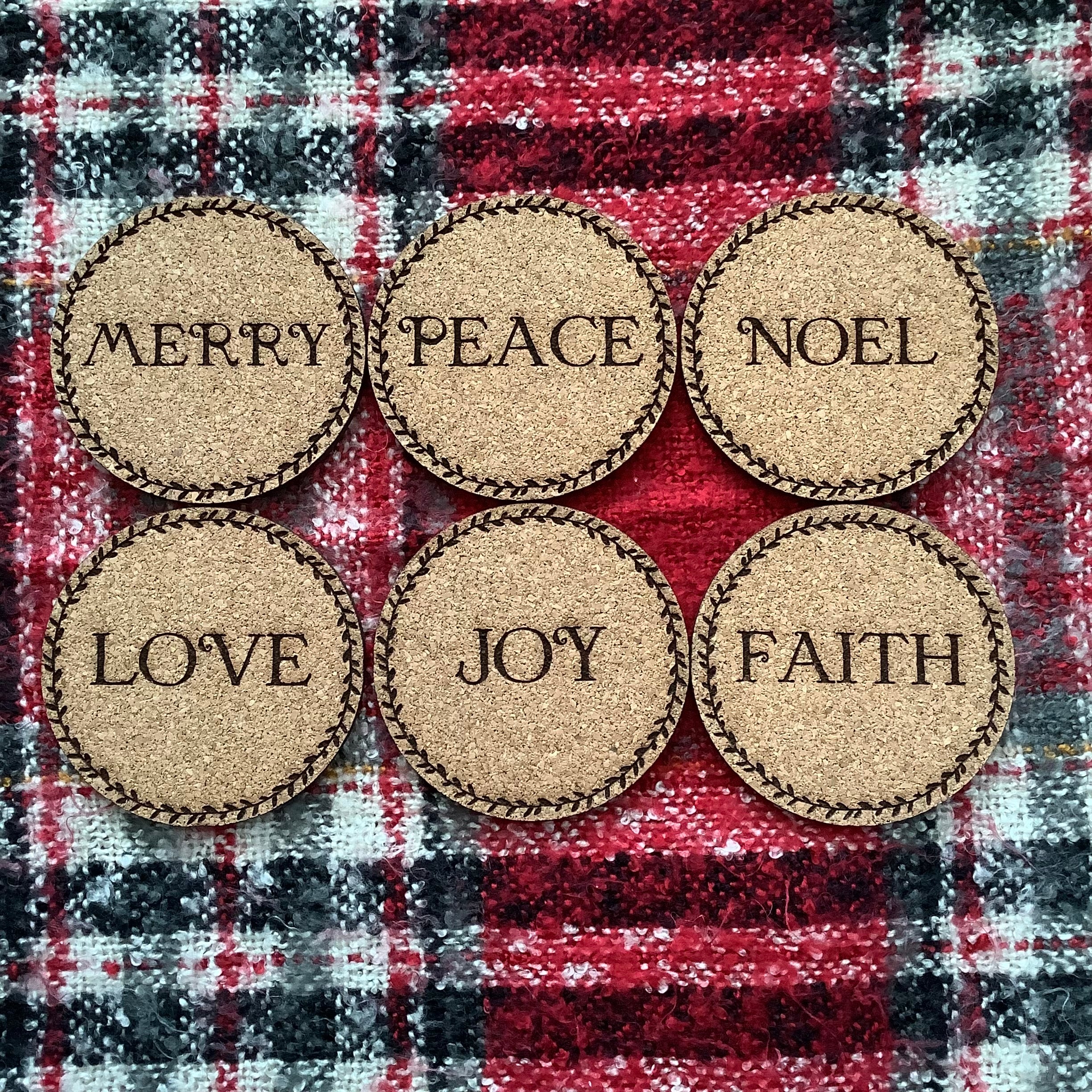 Cork Coasters, Traditional Christmas words, Christmas themed Cork Coaster Set